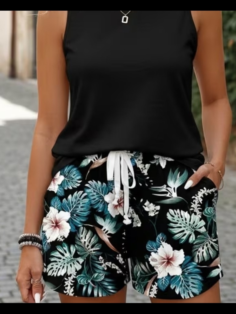Women’s Tropical Floral Black Drawstring Shorts